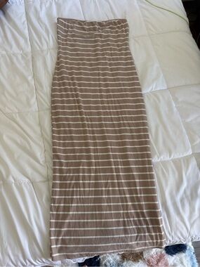 See You Monday Beige and White Striped Maxi Skirt